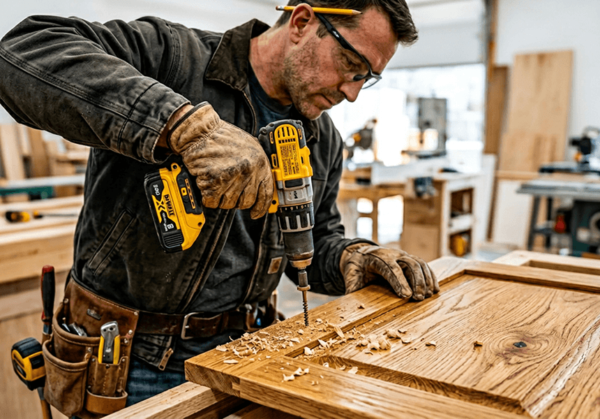 Craftsman working on custom cabinet with precision tools